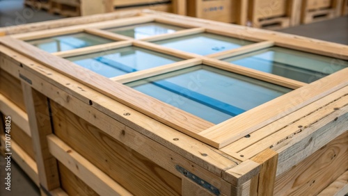 A detailed shot of doubleglazed window panes tightly nestled within a handcrafted shipping crate showcasing the fine craftsmanship of the crate. The glass edges glisten in the photo