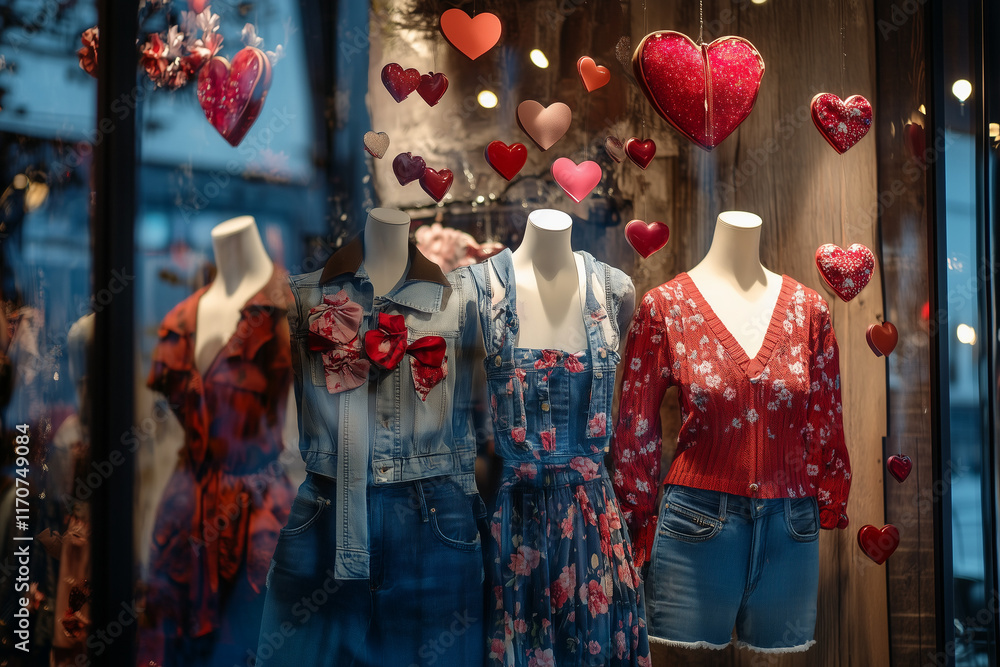 Obraz premium A clothing boutique window display featuring mannequins with Valentine-themed outfits