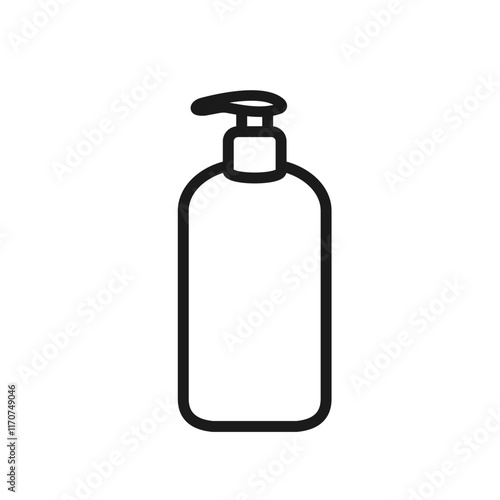 Cosmetic pump dispenser plastic container outline icon with editable stroke, isolated on white background. Packaging for soap, shampoo, cream, lotion, shower gel. Web design pictogram. Vector