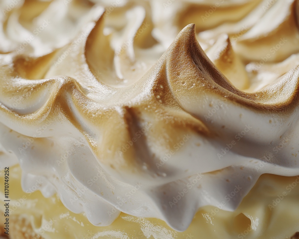 Close-up of a perfectly toasted meringue topping on a creamy dessert, showcasing its sweet texture and golden peaks. Close-up of a perfectly toasted meringue topping on a creamy dessert, showcasing its sweet texture and golden peaks.