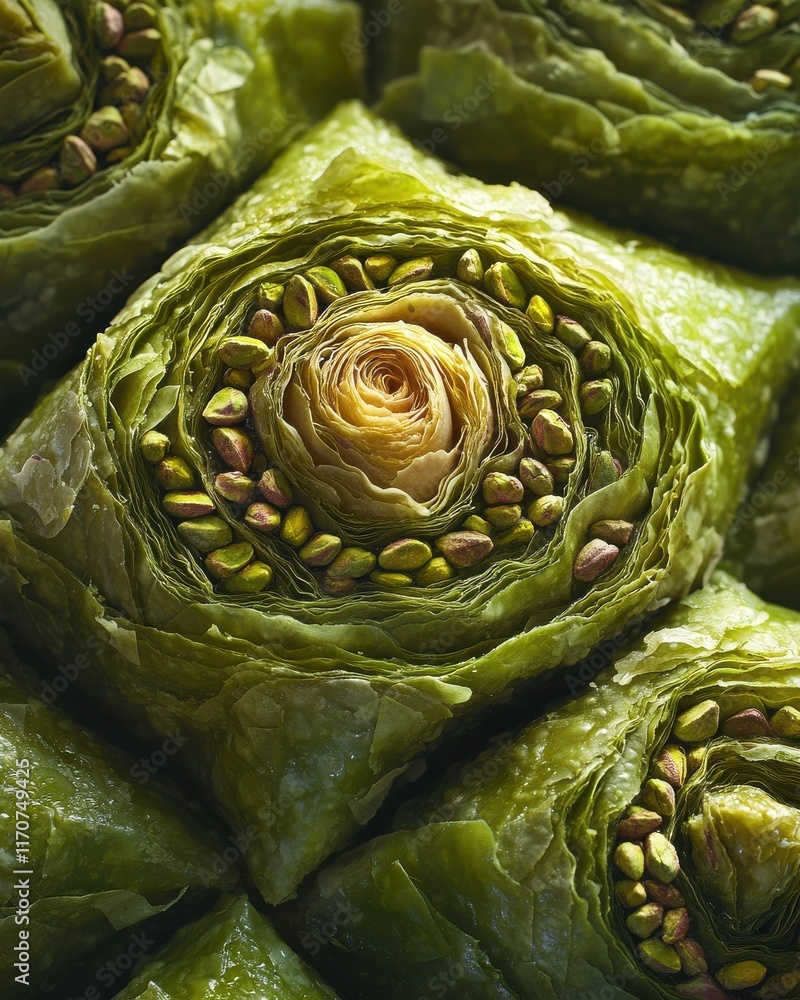 Obraz premium A close-up of vibrant green baklava layers filled with pistachios, showcasing intricate details and texture.