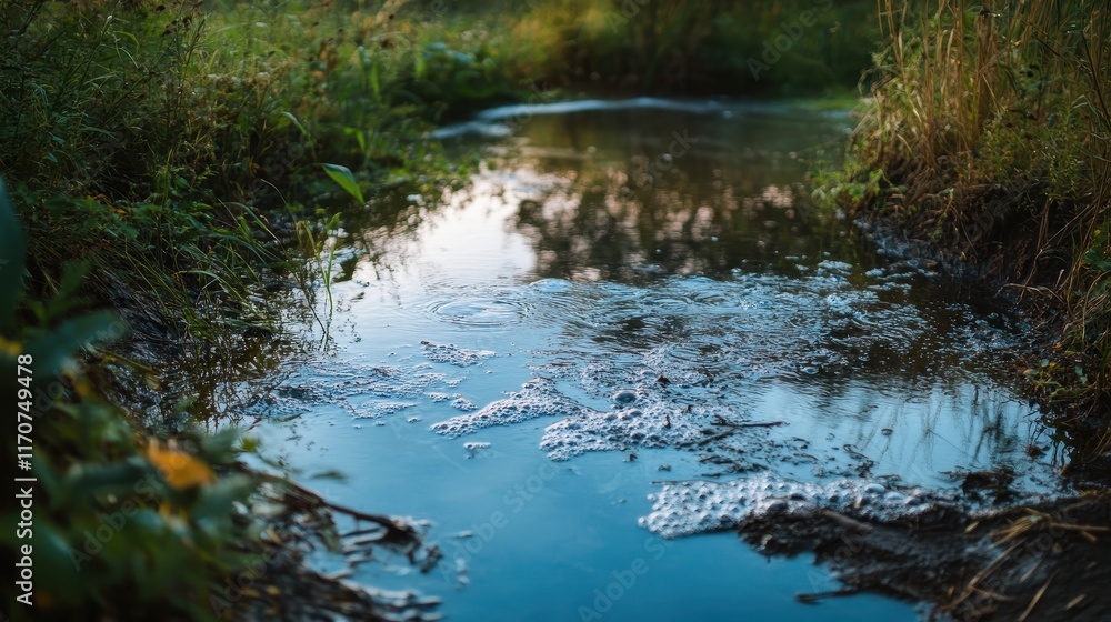 Obraz premium Serene Stream Close-Up of a Calm, Bubbling Creek in Lush Green Foliage.