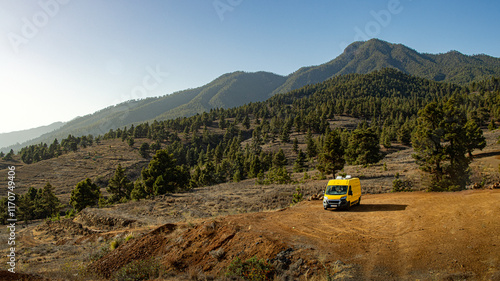 Camper van in the middle of the Canary pine forest in El Paso, La Palma