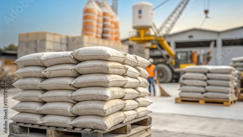 A dynamic angle captures the bags of quickdry cement stacked haphazardly some leaning precariously while in the background the mixing station bustling with activity features a photo