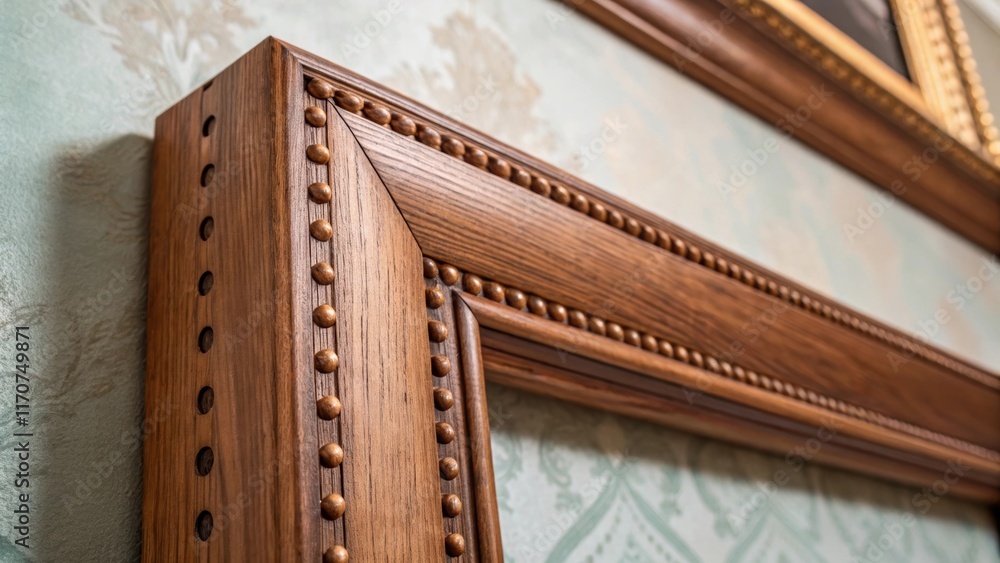 Obraz premium A focus on the delicate detailing of wooden pegs securing the frame with the rich color of the exposed joinery contrasting against the backdrop of a soft muted wall finish. The