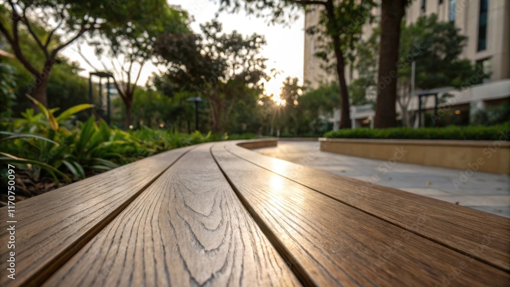 A lole view focused on a solitary board with its curved grain pattern highlighted against a backdrop of soft outdoor lighting. The surface catches reflections of the surrounding A lole view focused on a solitary board with its curved grain pattern highlighted against a backdrop of soft outdoor lighting. The surface catches reflections of the surrounding