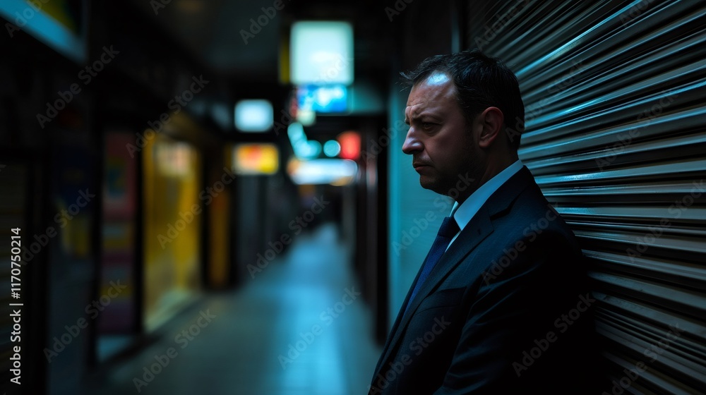 Pensive businessman standing alone in a deserted, dimly lit shopping mall corridor Pensive businessman standing alone in a deserted, dimly lit shopping mall corridor