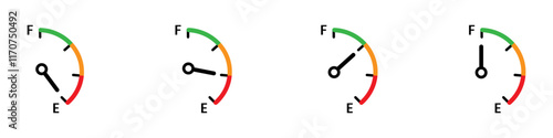 Gasoline fuel gauge symbol. Fuel indicator icon set. Full and empty fuel tank gauge scale icon isolated on white background. Vector Illustration. EPS 10