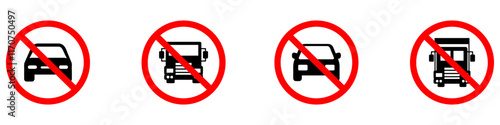 Set of car forbidden signs. No car parking, no parking road warning signs. No cars entry, the red circle sing. Vector illustration. EPS 10