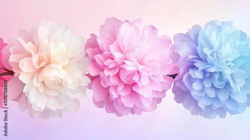 Fototapeta premium Soft Pastel Flower Arrangement with Pink and Blue Blooms on a Gentle Gradient Background
