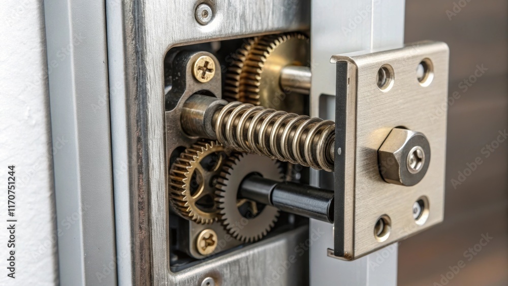 A macro shot zooms in on a single door latch mechanism revealing its intricate inner workings. The image shows fine gears and springs emphasizing the functionality that will be A macro shot zooms in on a single door latch mechanism revealing its intricate inner workings. The image shows fine gears and springs emphasizing the functionality that will be