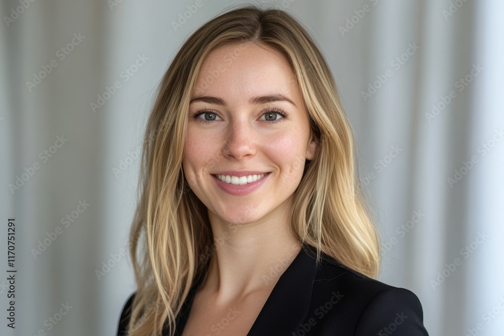 Smiling young Caucasian woman in a professional outfit, exuding confidence and warmth. Smiling young Caucasian woman in a professional outfit, exuding confidence and warmth.