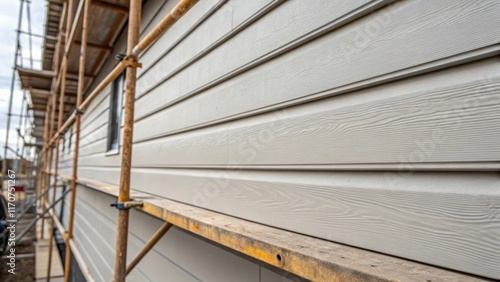 A macro view highlights the durability of the fiber cement siding showing its resistance to moisture and wear. The juxtaposition of the smooth modern panels against the uneven photo