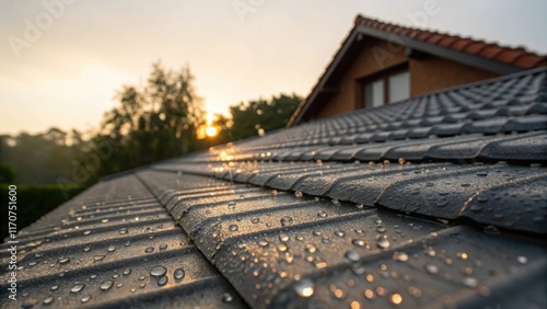 An angle capturing the glistening surface of the underlayment with droplets of dew reflecting morning light. In the background the pitched roof looms with intricate lines and