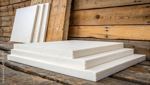 An arrangement of foam insulation sheets against a rustic wooden backdrop where the smooth synthetic material juxtaposes with the rough textured wood. The interplay of materials