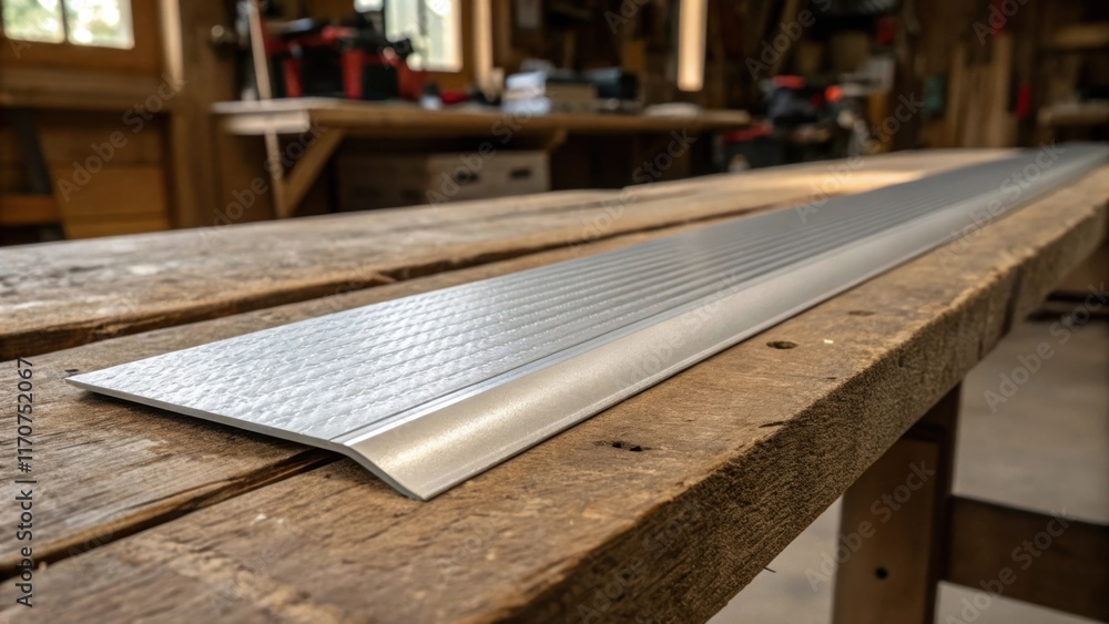 An artistic angle highlighting the textured surface of a newly molded aluminum threshold against the rustic backdrop of the workbench with soft shadows playing across the wood An artistic angle highlighting the textured surface of a newly molded aluminum threshold against the rustic backdrop of the workbench with soft shadows playing across the wood