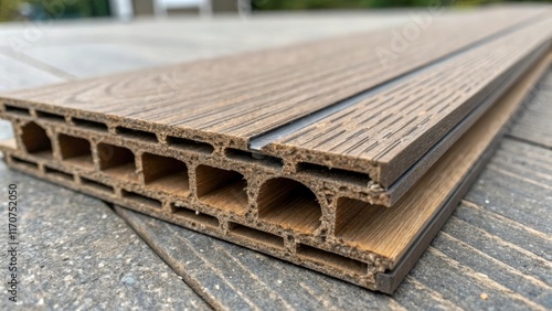 An artistic angle featuring the crosssection of a composite decking plank revealing its internal structure. The layered construction demonstrates the innovative technology behind photo