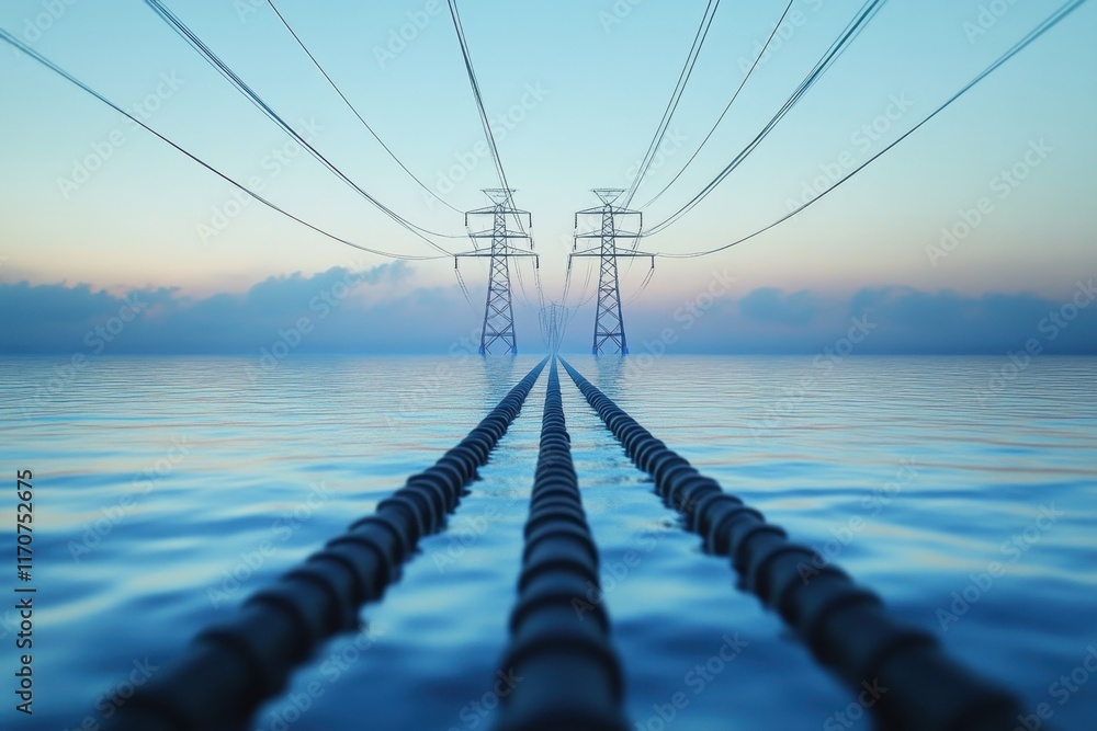 Power lines stretch over tranquil water during serene twilight hours Power lines stretch over tranquil water during serene twilight hours