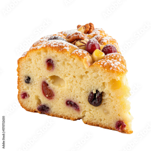 A festive slice of king cake studded with dried fruits and nuts, lightly dusted with powdered sugar, isolated on a transparent background