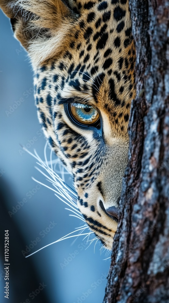 Fototapeta premium Leopard peering from behind a tree trunk