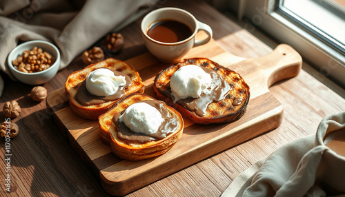 Grilled bread served with a generous scoop of ice cream, drizzled with caramel sauce, accompanied by a cup of coffee and walnuts, creating a warm and inviting dessert ambiance.

