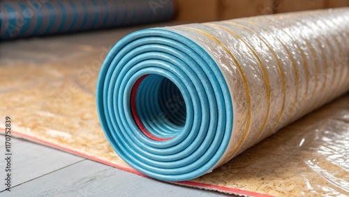 An image focusing on the texture and color variance of a flexible plumbing pipe roll partially uncoiled against a backdrop of insulation material. The slight sheen of the pipes photo