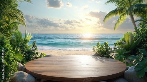 Empty round wooden tabletop counter in beach theme interior for display or product portfolio. photo