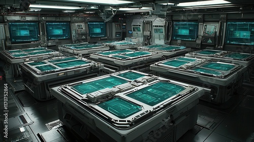 An expansive underwater research base illuminated by glowing blue lights. Robotic submarines explore the surrounding ocean, while holographic displays inside show real-time analysis of marine 