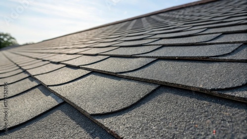 An image that explores the visual dynamics of asphalt shingles as they cascade down a roofline. The slight unevenness of the overlapping layers creates a rhythmic pattern that photo