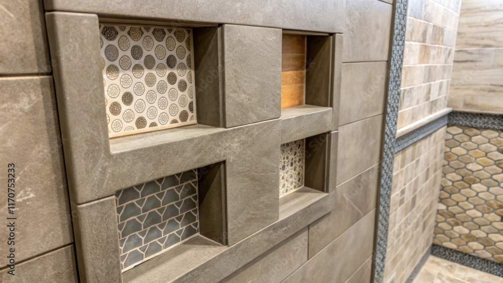 Obraz premium An intricate closeup reveals a cement board section integrated with accessible niches for shower supplies emphasizing both design and practicality. The contrasting textures of the