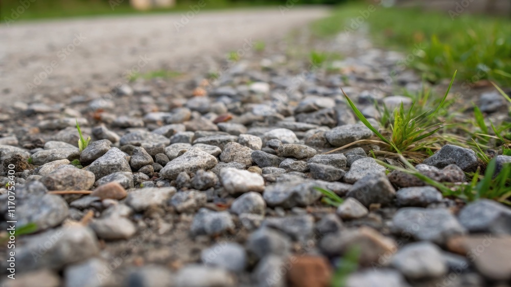 An intricate shot that focuses on the texture of the aggregate with individual stones appearing sharply defined against a background of lightly compacted earth. Tiny bits of gravel An intricate shot that focuses on the texture of the aggregate with individual stones appearing sharply defined against a background of lightly compacted earth. Tiny bits of gravel