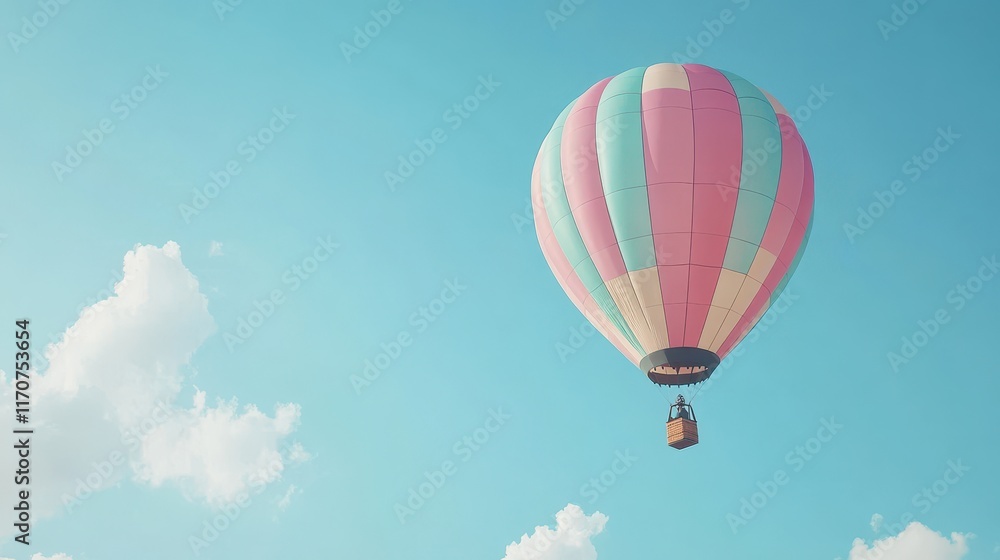 Fototapeta premium Pastel Pink and Teal Hot Air Balloon Soaring in a Clear Blue Sky with Fluffy White Clouds - Perfect for Travel, Adventure, and Freedom Concepts