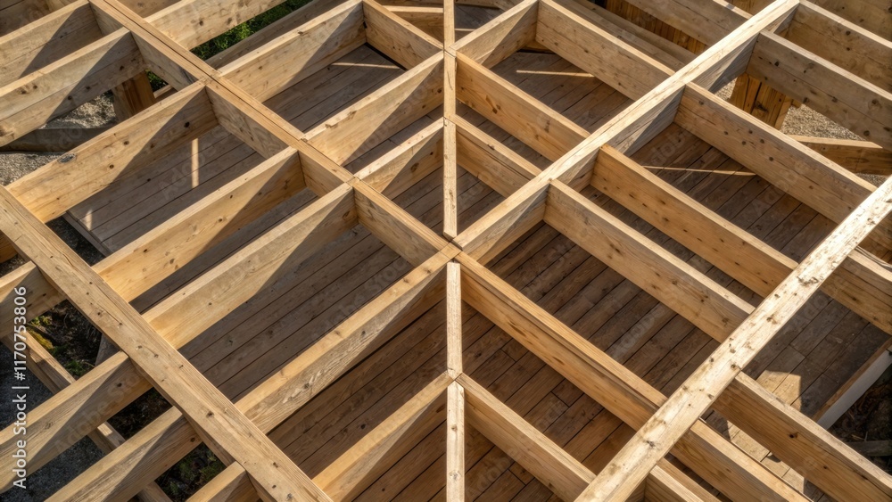 An overhead shot of timber joists laid out in geometric patterns revealing a meticulous arrangement that hints at the structural integrity of the upcoming floor with shadows An overhead shot of timber joists laid out in geometric patterns revealing a meticulous arrangement that hints at the structural integrity of the upcoming floor with shadows