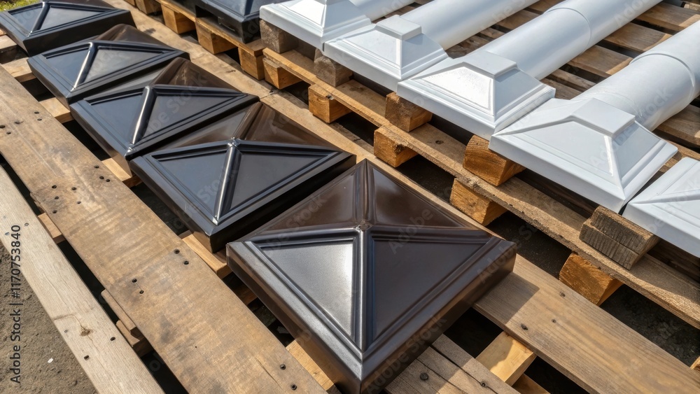 An overhead view highlighting the arrangement of downspouts atop a stack of wooden pallets each with a polished finish. The geometric shapes and lines create an interesting visual An overhead view highlighting the arrangement of downspouts atop a stack of wooden pallets each with a polished finish. The geometric shapes and lines create an interesting visual