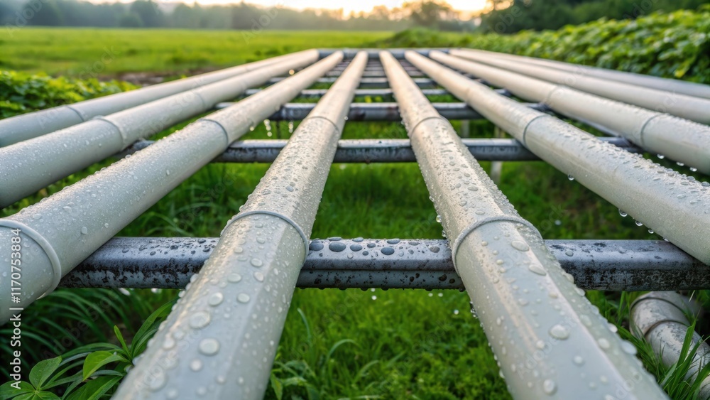 An overhead view of interconnected drainage pipes arranged in a neat grid with droplets of water glistening on their surfaces. The setting features a green landscape emphasizing An overhead view of interconnected drainage pipes arranged in a neat grid with droplets of water glistening on their surfaces. The setting features a green landscape emphasizing
