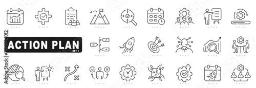 Set of action plan related line icons. Strategy, project, process etc. Editable stroke.