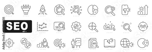 Set of seo related line icons. Search, marketing, research, optimize etc. Editable stroke. Set 2