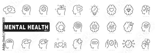 Set of mental health related line icons. Stress, mind, head etc. Editable stroke. Set 3