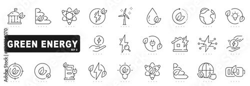 Set of green energy related line icons. Eco, ecology, leaf, earth etc. Editable stroke. Set 2