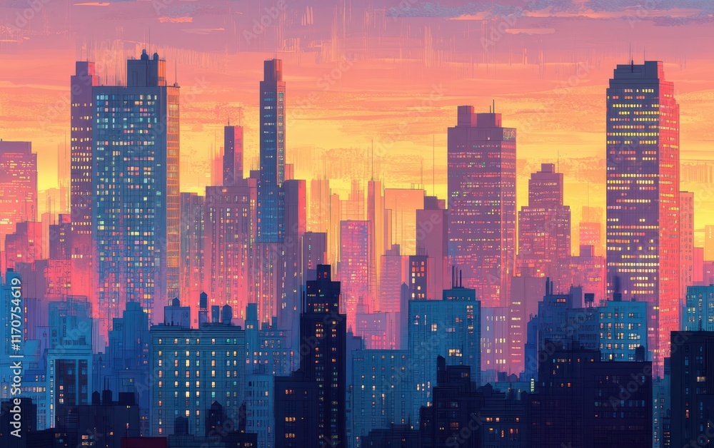 Obraz premium Vibrant Cityscape at Sunset Digital Painting of a Modern Metropolis Skyline with Warm Hues and Glowing Windows
