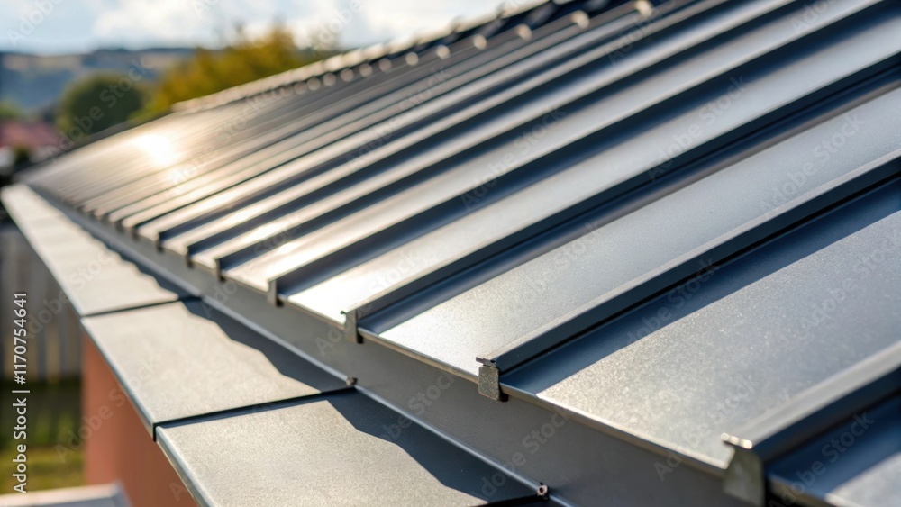 Fototapeta premium A series of metal flashing sections tipped slightly at an angle revealing the interlocking edges designed for seamless installation. The interplay of light and shadow highlights