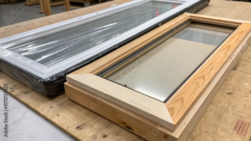 A shot of a sliding window sash halfassembled with one side wrapped in protective film while the other is exposed showcasing raw materials. The contrast between the sleek surface