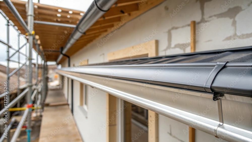 A tight shot of the seamless joins between aluminum gutters spotlighting the precision of the craftsmanship. In the blurred background unfinished walls and scaffolding hint at the A tight shot of the seamless joins between aluminum gutters spotlighting the precision of the craftsmanship. In the blurred background unfinished walls and scaffolding hint at the