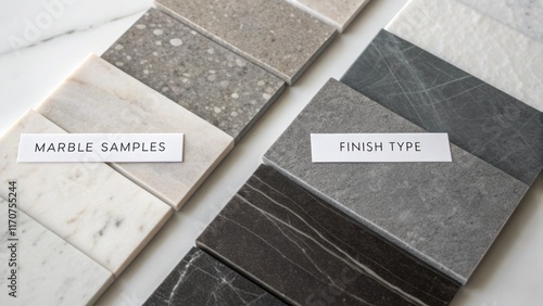 A topdown shot of overlapping marble samples featuring varying shades of gray from light to deep charcoal. Each piece is marked with distinct labels that describe the finish type photo