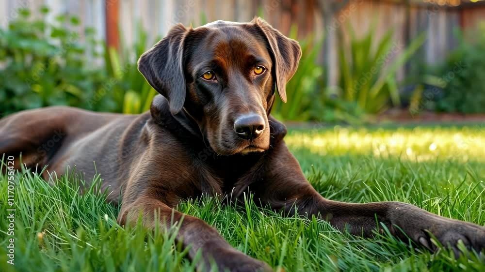 Chocolate labrador Retriever relaxing on lush green grass in a sunny backyard AI Chocolate labrador Retriever relaxing on lush green grass in a sunny backyard AI