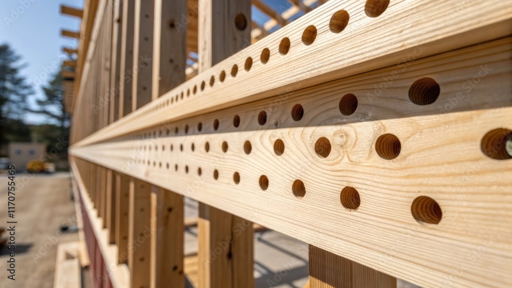 A vibrant closeup showcases the intricate details of a laminated beam emphasizing the precision of the predrilled holes. The interplay of light and shadow plays across the surface A vibrant closeup showcases the intricate details of a laminated beam emphasizing the precision of the predrilled holes. The interplay of light and shadow plays across the surface