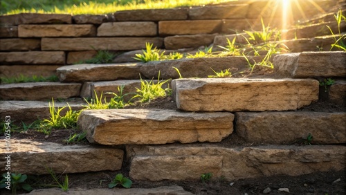 A vibrant closeup illustrates the contrast between smooth and rough textures a the stacked retaining wall stones with sunlight streaming down and highlighting the contours. Bits of photo