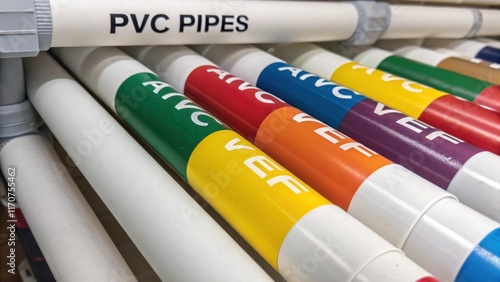 A vibrant closeup view of a colorcoded marking system on the PVC pipes indicating where each segment will be connected. The vivid colors stand out against the white pipes photo