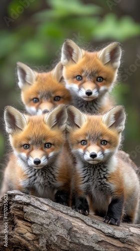 Wallpaper Mural Four adorable foxes stacked on a log, showcasing their playful nature in a natural setting. Torontodigital.ca