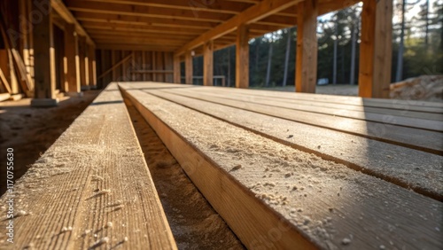 A view capturing the interplay of light and shadow on the smooth surface of freshly sanded joists highlighting their robustness. The fine dust from sanding settles lightly on the photo